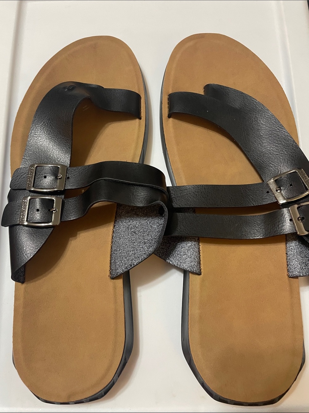 Black Leather Double-Buckle Women's Slide Sandals Shidertion Sz. 43 USA 9.5/10